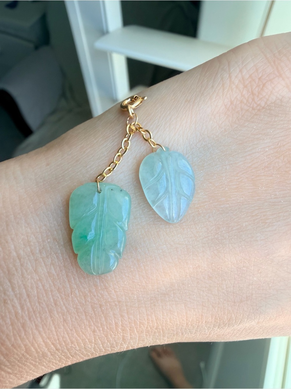 Natural Grade A Burmese Icy Green Jadeite Double Leaf Pendant